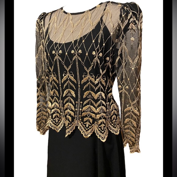 Vtg 90s Cachet Gold Embroidered Lace Black Chiffon Midi Dress - Picture 5 of 13